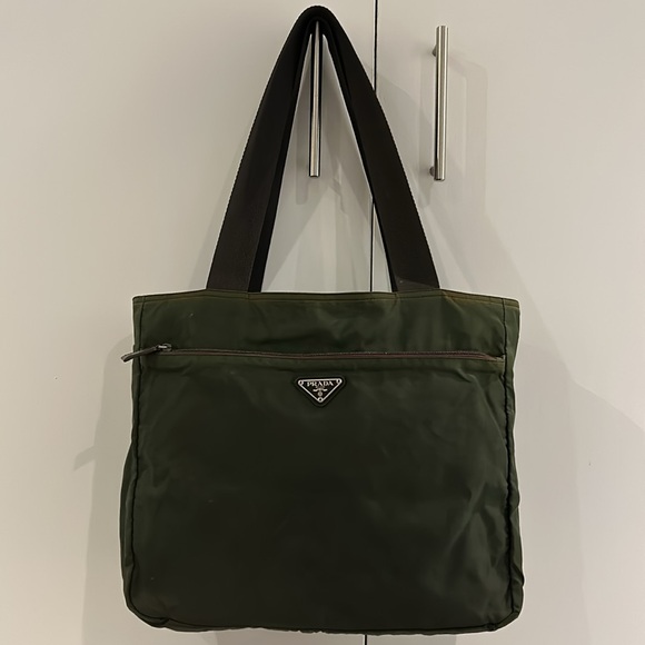 Authentic Prada Zippered Tote 12 X 14 In Dark Green & Dark Brown Straps - Picture 2 of 13